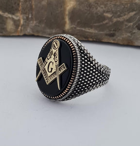 Master Mason Blue Lodge Ring - Handmade Sterling Silver Onyx - Bricks Masons