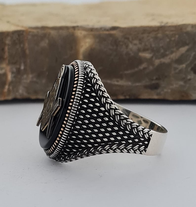 Master Mason Blue Lodge Ring - Handmade Sterling Silver Onyx - Bricks Masons