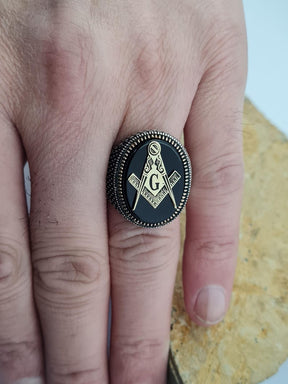 Master Mason Blue Lodge Ring - Handmade Sterling Silver Onyx - Bricks Masons