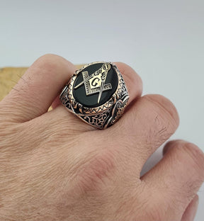 Master Mason Blue Lodge Ring - Sterling Silver Onyx - Bricks Masons