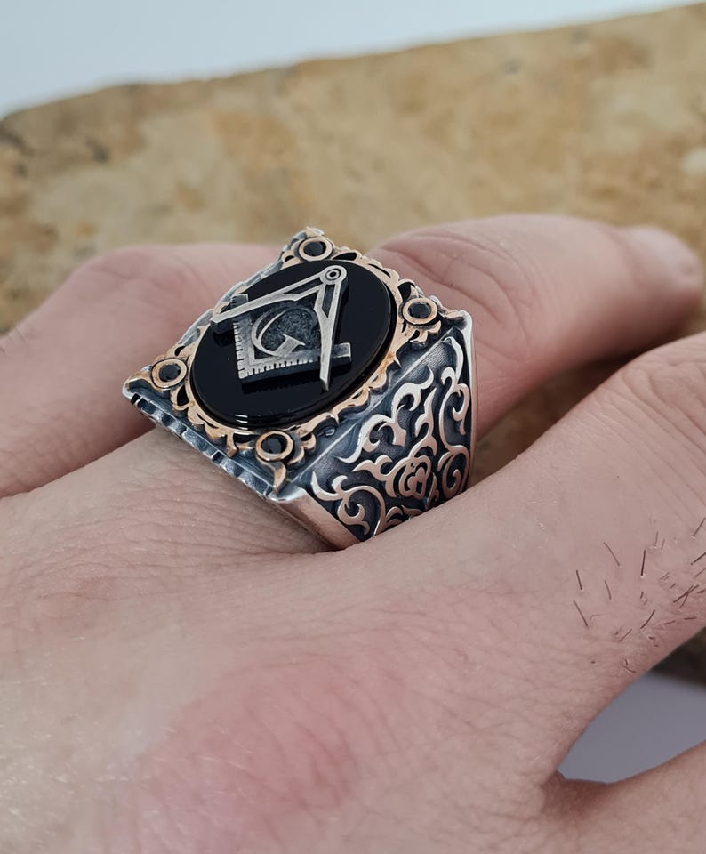 Master Mason Blue Lodge Ring - Handmade Sterling Silver Onyx - Bricks Masons