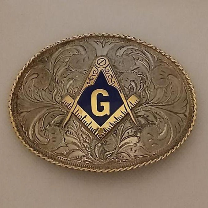 Master Mason Blue Lodge Belt Buckle - Blue & Silver Square Compass G Hand Engraved