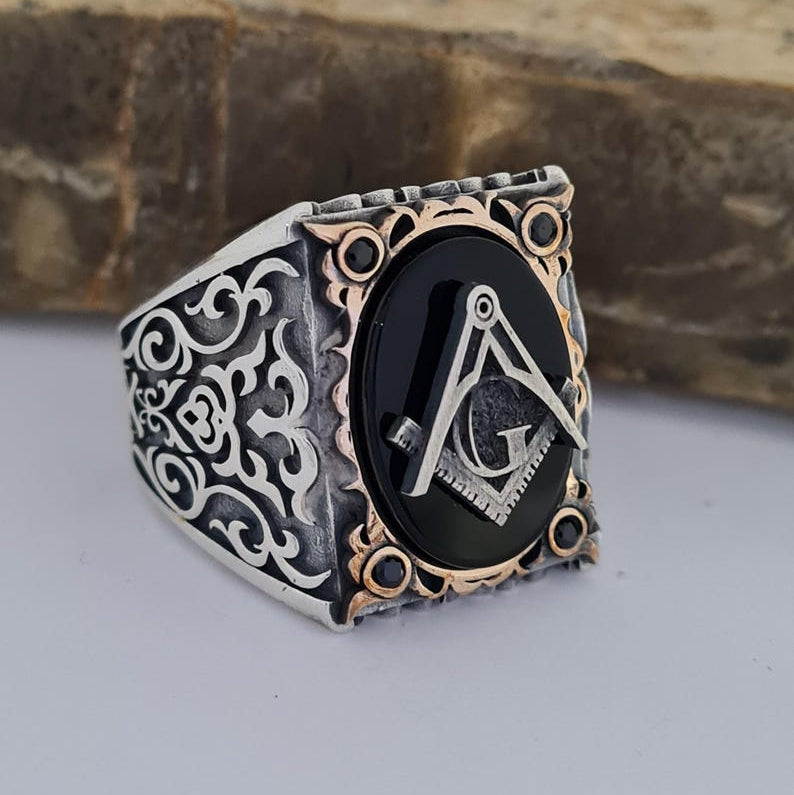 Master Mason Blue Lodge Ring - Handmade Sterling Silver Onyx - Bricks Masons