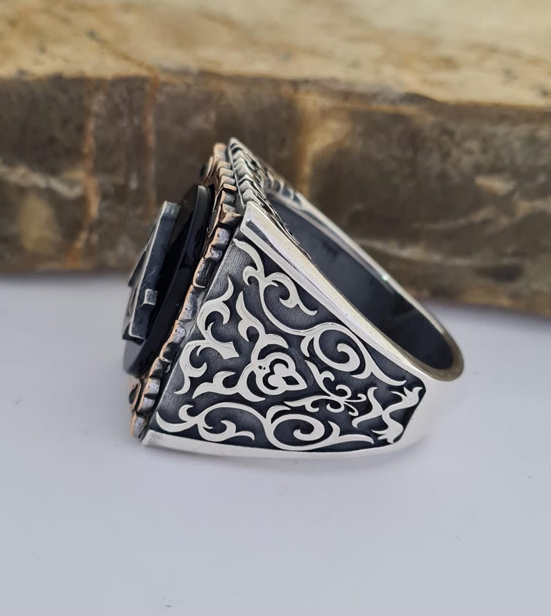 Master Mason Blue Lodge Ring - Handmade Sterling Silver Onyx - Bricks Masons
