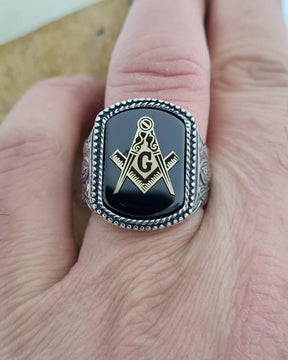 Master Mason Blue Lodge Ring - Handmade Sterling Silver Onyx - Bricks Masons