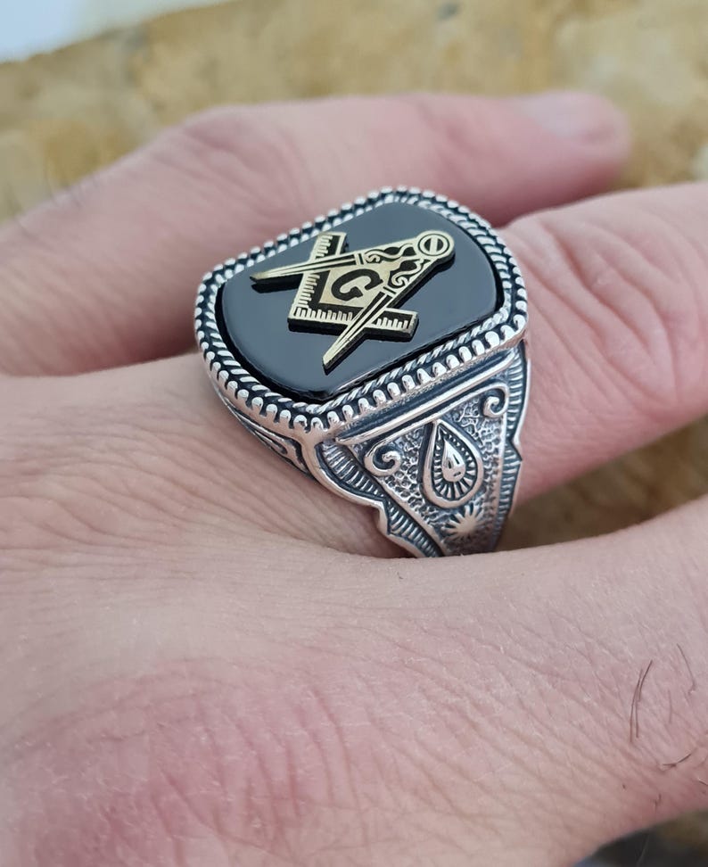 Master Mason Blue Lodge Ring - Handmade Sterling Silver Onyx - Bricks Masons