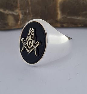 Master Mason Blue Lodge Ring - Handmade Sterling Silver Onyx - Bricks Masons