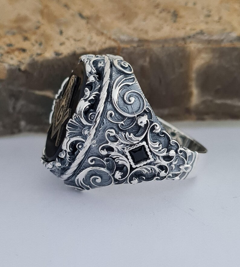 Master Mason Blue Lodge Ring - Handmade Sterling Silver Onyx - Bricks Masons
