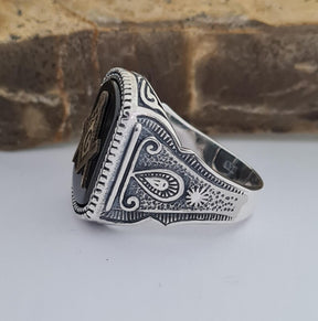 Master Mason Blue Lodge Ring - Handmade Sterling Silver Onyx - Bricks Masons
