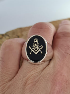 Master Mason Blue Lodge Ring - Handmade Sterling Silver Onyx - Bricks Masons