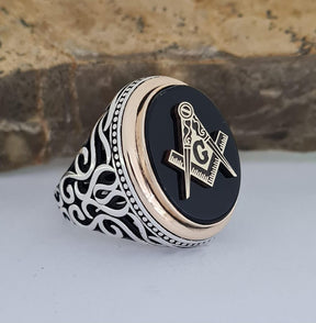 Master Mason Blue Lodge Ring - Sterling Silver Onyx - Bricks Masons