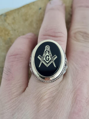 Master Mason Blue Lodge Ring - Sterling Silver Onyx - Bricks Masons