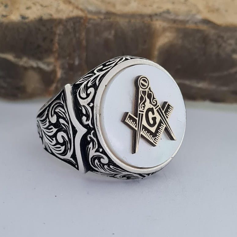 Master Mason Blue Lodge Ring - Handmade Sterling Silver Mother of Pearl - Bricks Masons