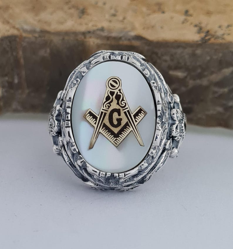 Master Mason Blue Lodge Ring - Handmade Sterling Silver Mother of Pearl - Bricks Masons