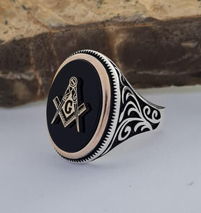 Master Mason Blue Lodge Ring - Sterling Silver Onyx - Bricks Masons