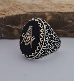 Master Mason Blue Lodge Ring - Sterling Silver Onyx - Bricks Masons