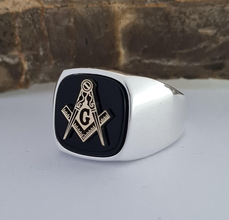 Master Mason Blue Lodge Ring - Handmade Sterling Silver Onyx - Bricks Masons