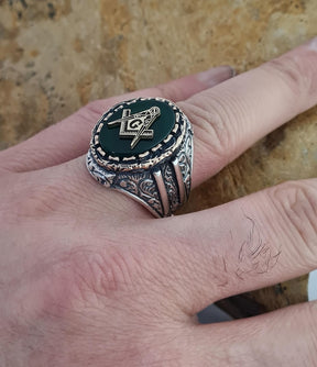 Master Mason Blue Lodge Ring - Handmade Sterling Silver Green Agate - Bricks Masons