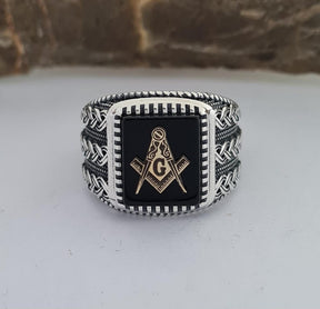 Master Mason Blue Lodge Ring - Handmade Sterling Silver Onyx - Bricks Masons