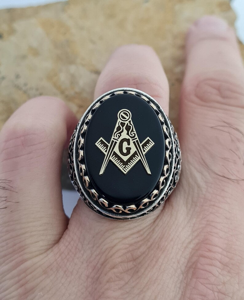 Master Mason Blue Lodge Ring - Sterling Silver Onyx - Bricks Masons