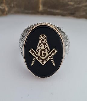 Master Mason Blue Lodge Ring - Sterling Silver Onyx - Bricks Masons