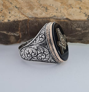 Master Mason Blue Lodge Ring - Sterling Silver Onyx - Bricks Masons