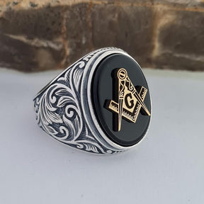 Master Mason Blue Lodge Ring - Sterling Silver Onyx - Bricks Masons