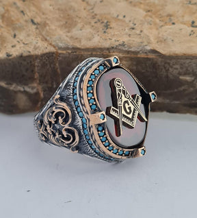 Master Mason Blue Lodge Ring - Handmade Sterling Silver Green Agate - Bricks Masons