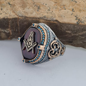 Master Mason Blue Lodge Ring - Handmade Sterling Silver Green Agate - Bricks Masons