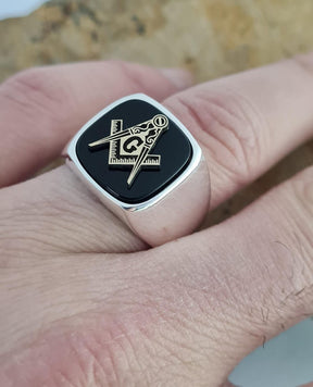 Master Mason Blue Lodge Ring - Handmade Sterling Silver Onyx - Bricks Masons