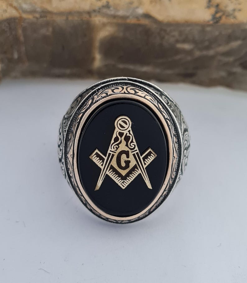 Master Mason Blue Lodge Ring - Handmade Sterling Silver Onyx - Bricks Masons