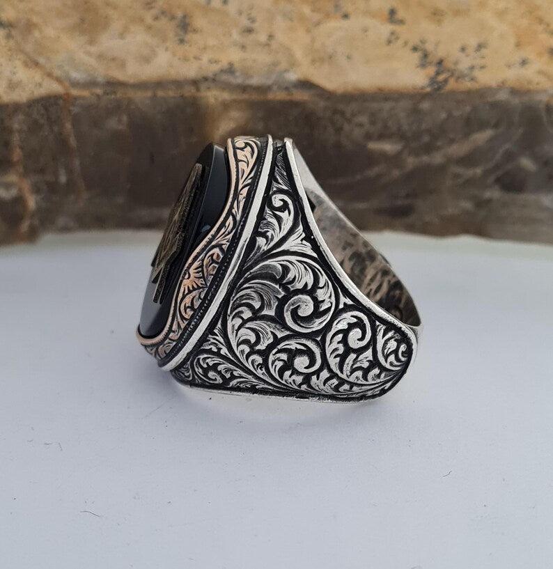 Master Mason Blue Lodge Ring - Handmade Sterling Silver Onyx - Bricks Masons