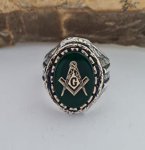 Master Mason Blue Lodge Ring - Handmade Sterling Silver Green Agate - Bricks Masons