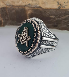 Master Mason Blue Lodge Ring - Handmade Sterling Silver Green Agate - Bricks Masons