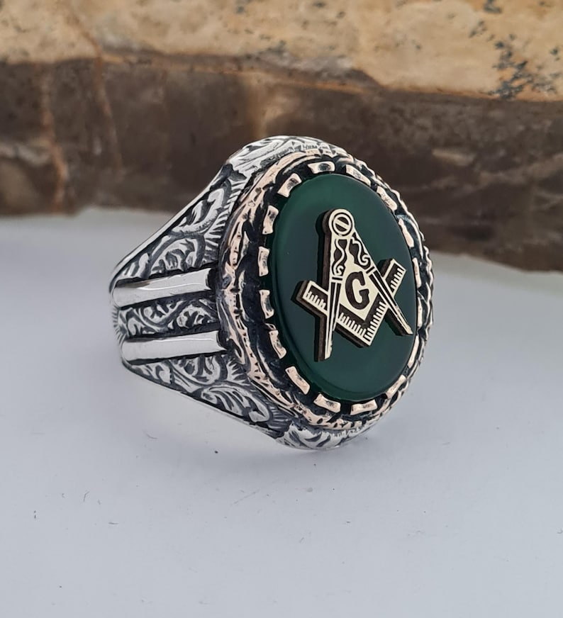 Master Mason Blue Lodge Ring - Handmade Sterling Silver Green Agate - Bricks Masons