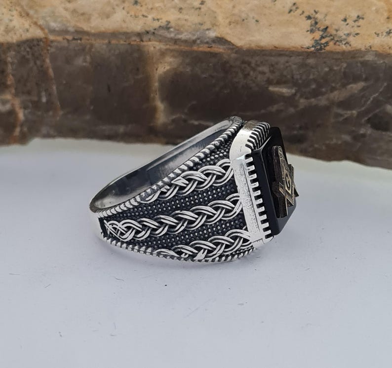 Master Mason Blue Lodge Ring - Handmade Sterling Silver Onyx - Bricks Masons