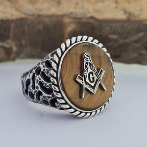 Master Mason Blue Lodge Ring - Tiger Eye 925 Silver - Bricks Masons