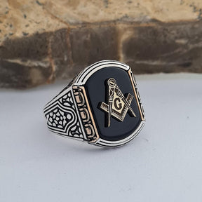 Master Mason Blue Lodge Ring - Handmade Sterling Silver Onyx - Bricks Masons