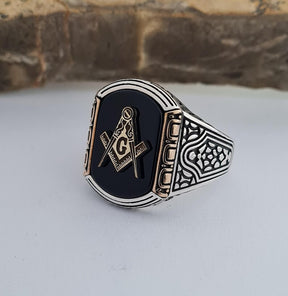 Master Mason Blue Lodge Ring - Handmade Sterling Silver Onyx - Bricks Masons