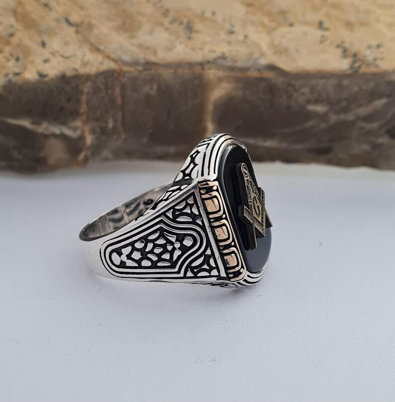 Master Mason Blue Lodge Ring - Handmade Sterling Silver Onyx - Bricks Masons
