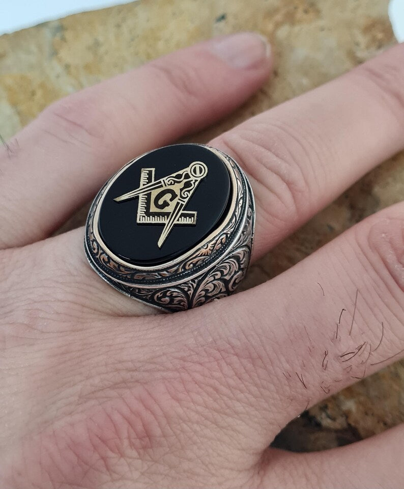 Master Mason Blue Lodge Ring - Handmade Sterling Silver Onyx - Bricks Masons