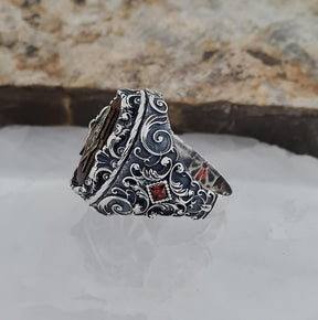 Master Mason Blue Lodge Ring - Garnet Zircon Compass & Square - Bricks Masons