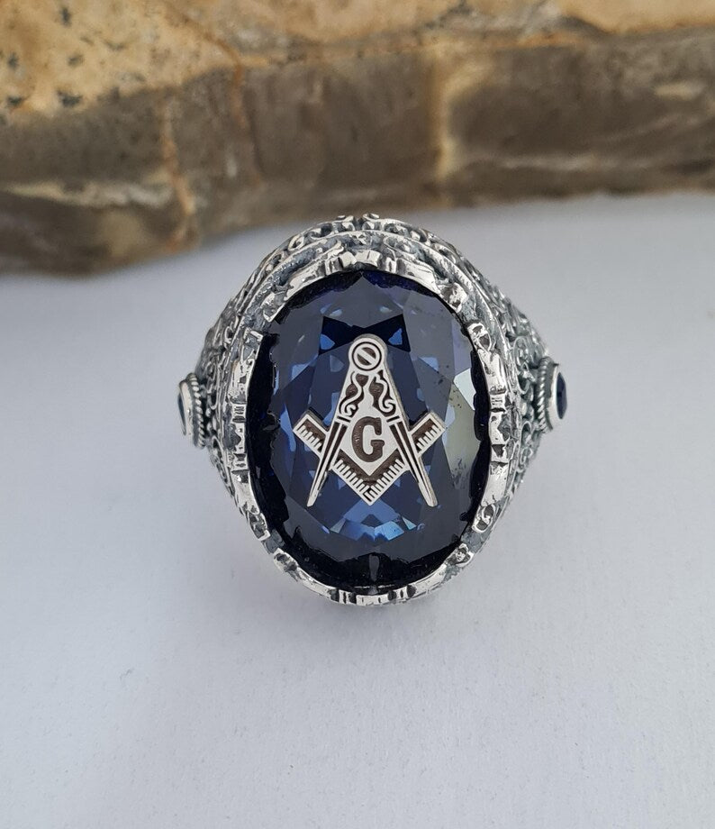 Master Mason Blue Lodge Ring - Blue Sapphire - Bricks Masons