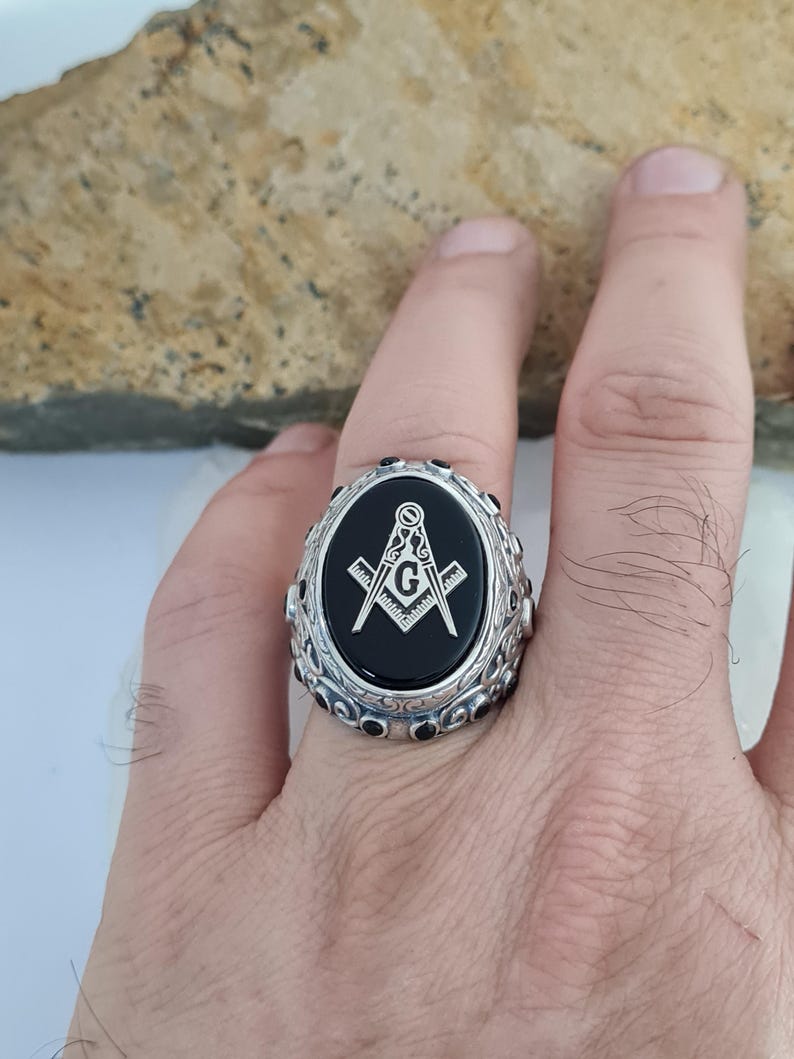 Master Mason Blue Lodge Ring - Black Onyx Sterling Silver - Bricks Masons