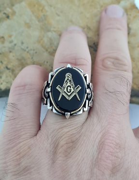 Master Mason Blue Lodge Ring - Handmade Sterling Silver Black Onyx - Bricks Masons
