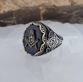 Master Mason Blue Lodge Ring - Sterling Silver Black Onyx - Bricks Masons