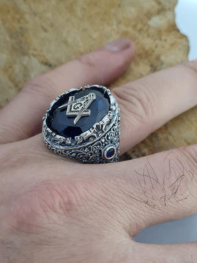 Master Mason Blue Lodge Ring - Blue Sapphire - Bricks Masons