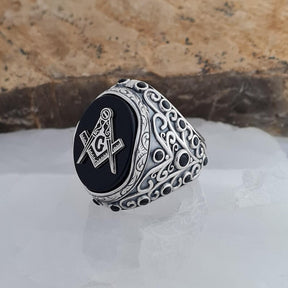 Master Mason Blue Lodge Ring - Black Onyx Sterling Silver - Bricks Masons