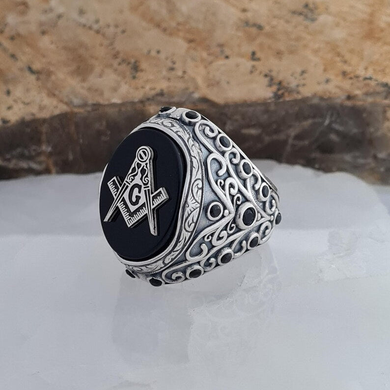 Master Mason Blue Lodge Ring - Black Onyx Sterling Silver - Bricks Masons