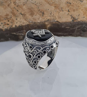 Master Mason Blue Lodge Ring - Black Onyx Sterling Silver - Bricks Masons